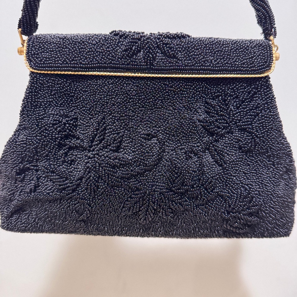 Vintage 1960s Black Hand Beaded Floral Evening Handbag Made in Hong Kong - Picture 2 of 14